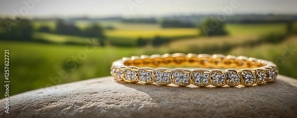 Fototapeta Exquisite gold and diamond necklace resting on a smooth stone with a vibrant countryside landscape in the background