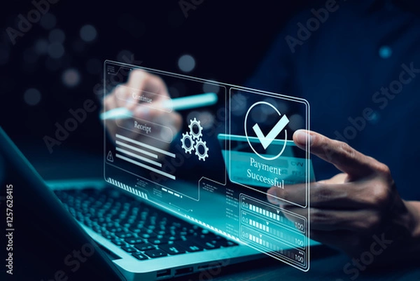 Fototapeta Online payment with digital marketing, Businessman touch banking online bill payment Approved concept button, credit card and network connection icon on business technology virtual screen background