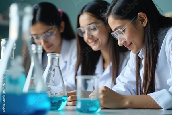 Fototapeta Three Young Female Scientists Engaged in Chemistry Experiments in a Modern Laboratory, Analyzing Solutions and Collaborating on Research Projects