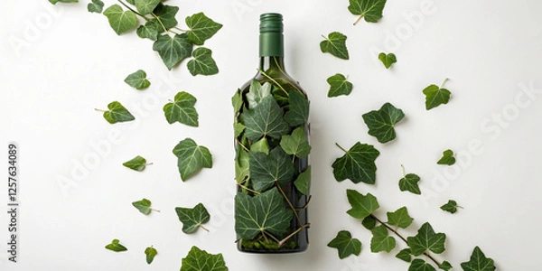 Fototapeta Elegant wine bottle wrapped in fresh green ivy leaves placed on a white background, ideal for eco-friendly and nature-inspired decor