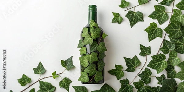 Fototapeta  Minimalist wine bottle covered in ivy vines with leaves spreading outward, perfect for eco-conscious and sustainable design concepts