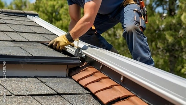 Obraz Professional Roofer Installing Gutter System – Expert Roof Drainage Repair and Residential Maintenance