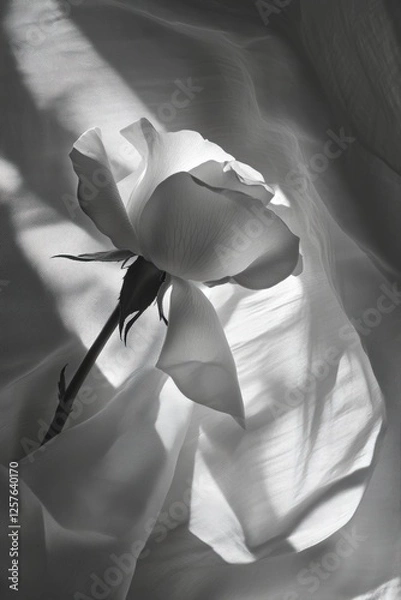 Fototapeta A black and white close-up of a single rose illuminated by soft light, creating dramatic shadows and highlighting delicate petal textures. Generative AI