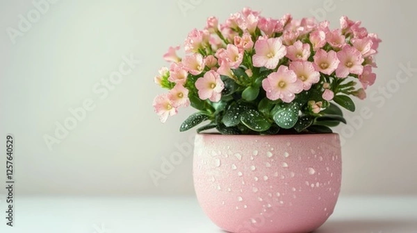 Fototapeta Tiny kalanchoe plant in soft pink ceramic pot with water droplets on delicate flowers