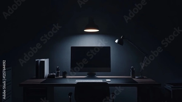 Fototapeta Empty dark office workspace lit by lamp.  Ideal for presentations