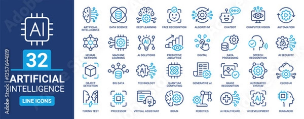 Fototapeta Artificial intelligence icon set. Containing AI, deep learning, robotics, machine learning, data Science, automation, big data and more. Line outline icons collection.