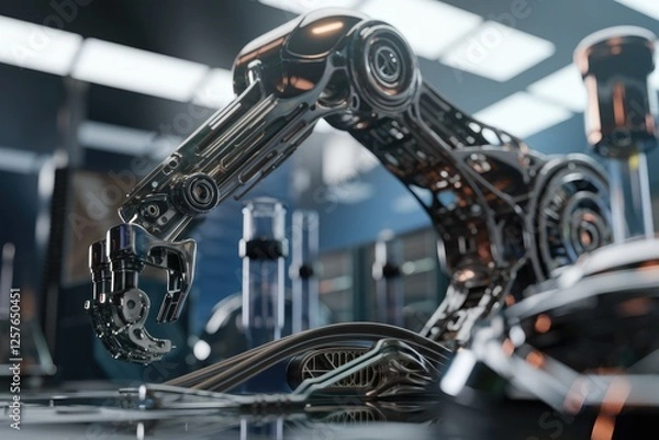 Fototapeta A sophisticated robotic arm, meticulously crafted with metallic components, performs precision tasks in a modern laboratory setting.