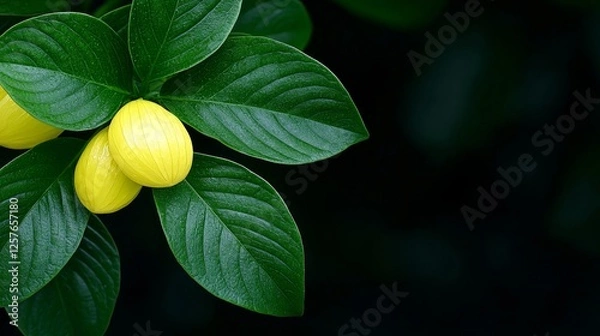 Obraz A close up of two yellow fruits on a plant with green leaves