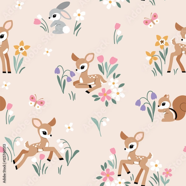 Obraz Seamless vector pattern with cute vintage fawn, rabbit and squirrel on floral background. Hand drawn woodland illustration. Perfect for textile, wallpaper or print design. EPS10 vector file.