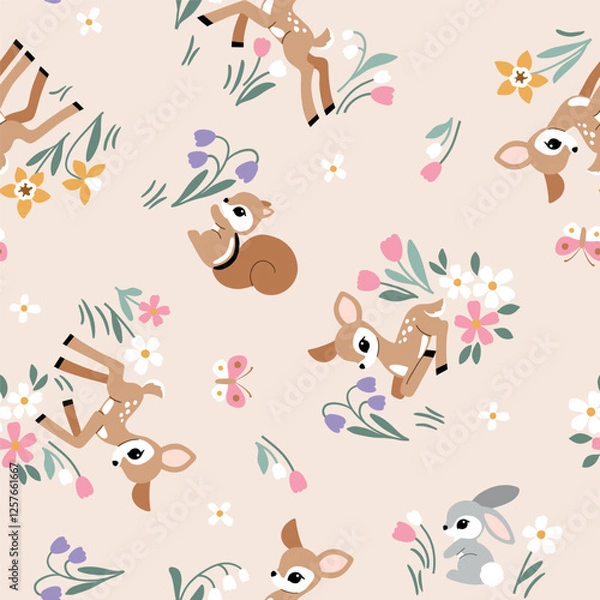 Fototapeta Seamless vector pattern with cute vintage fawn, rabbit and squirrel on floral background. Hand drawn woodland illustration. Perfect for textile, wallpaper or print design. EPS10 vector file.