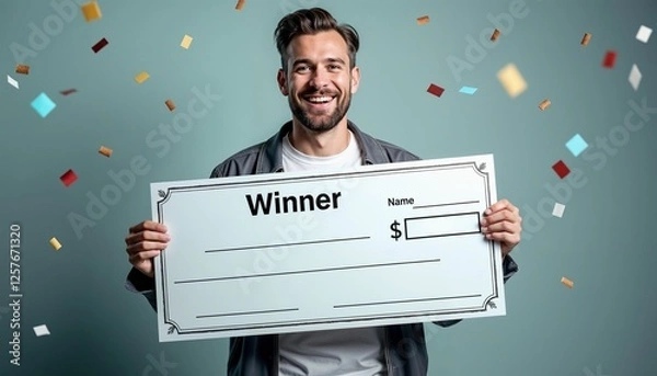 Fototapeta Smiling man holding oversized blank winner check with falling confetti
