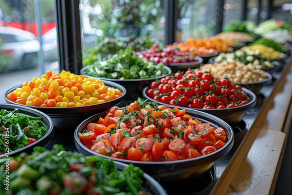 Fototapeta A restaurant for vegetarians, a buffet of vegetables, a restaurant of healthy farm products. Sliced vegetables and vegetable salads. The all-inclusive concept