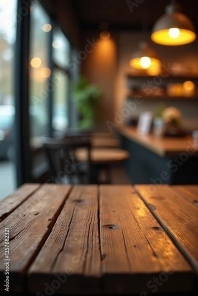 Fototapeta Rustic wooden tabletop; cafe backdrop, bokeh lights, food, atmosphere