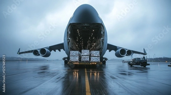 Fototapeta A large cargo plane is unloading cargo on the tarmac, with an open door and many pallets of goods inside, including precision instruments