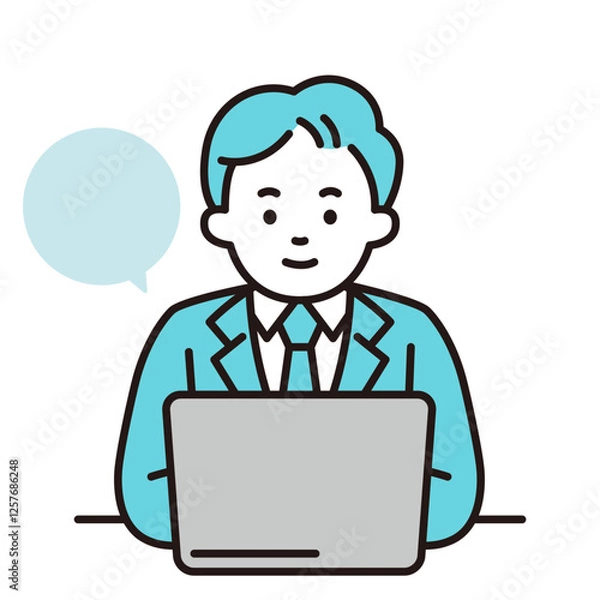Fototapeta パソコンで仕事をする若い会社員　正面　ベクター