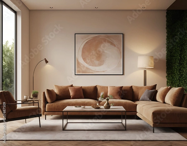 Obraz Modern Living Room Interior with ISO A Paper Size Poster Mockup – Elegant 3D Render Design