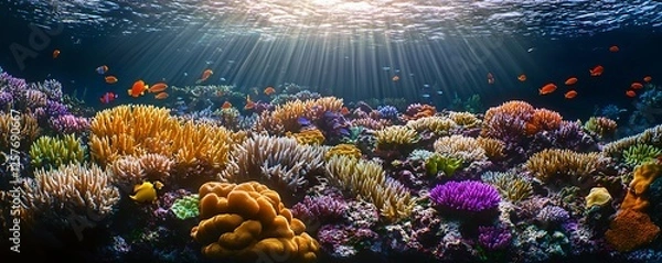 Fototapeta A vibrant coral reef teeming with colorful fish and marine life illuminated by sunrays from above