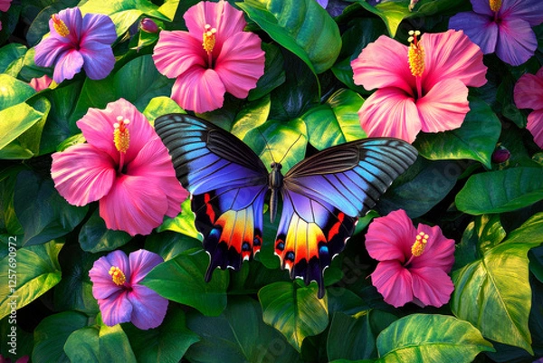 Fototapeta A butterfly surrounded by exotic flowers, with rich green leaves and colorful blossoms.