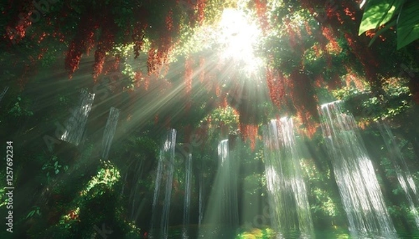 Fototapeta A vibrant rainforest canopy with waterfalls and sunlight streaming through