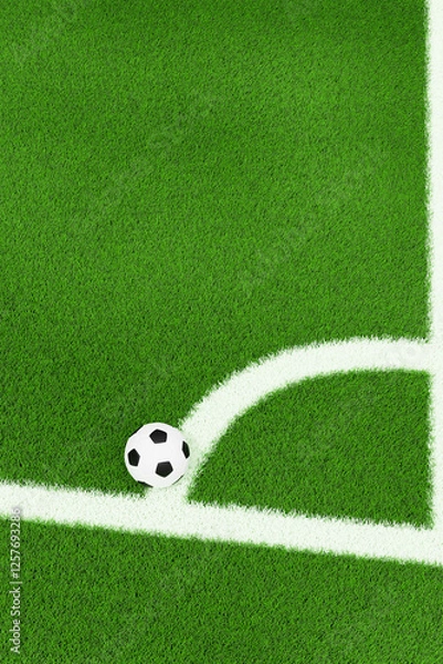 Fototapeta 3D green soccer field with a ball on the corner line. Vertical. Match, championship. Background with a place for text.