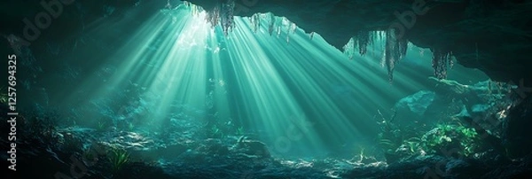 Fototapeta A vivid underwater cave illuminated by sunlight filtering through cracks