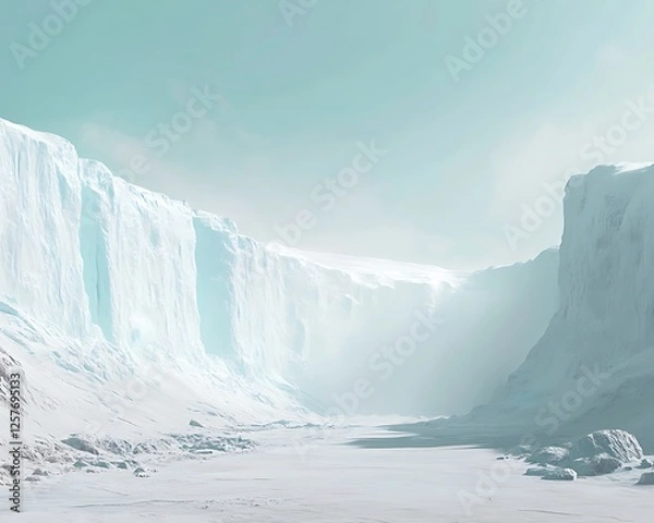 Fototapeta A wind-swept arctic landscape with towering glaciers and a pale blue sky