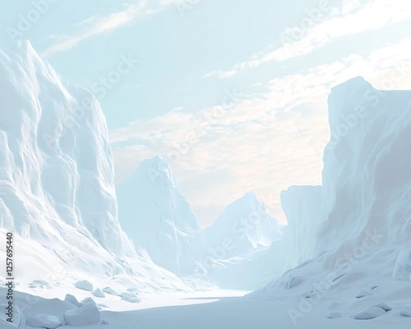 Fototapeta A wind-swept arctic landscape with towering glaciers and a pale blue sky