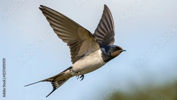 Fototapeta A Barn Swallow soars through the air against a soft