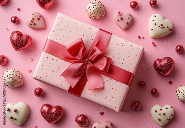 Fototapeta A vibrant red gift box with a bold ribbon sits elegantly on a pastel pink background, celebrating the joy of giving and love.