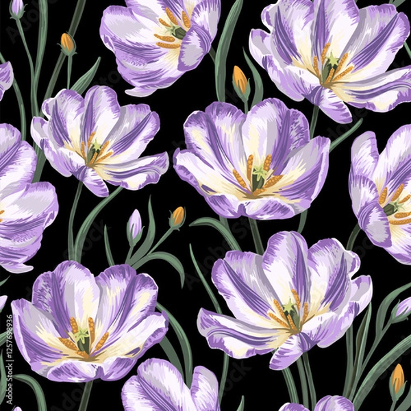 Fototapeta A seamless botanical pattern of purple flowers on a black background for any surface. 