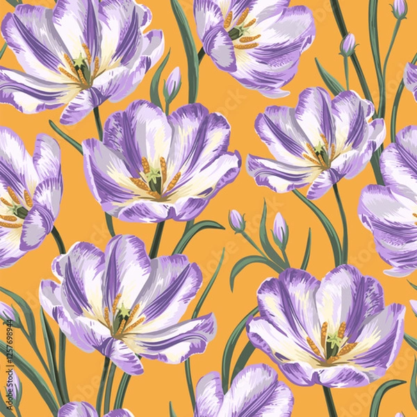 Fototapeta Seamless pattern. Spring flowers on a yellow background. 