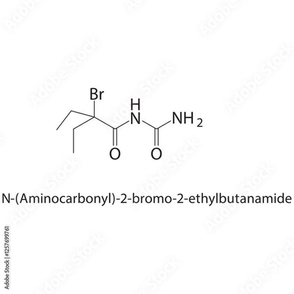 Fototapeta N-(Aminocarbonyl)-2-bromo2-ethylbutanamide skeletal structure.Amide compound schematic illustration. Simple diagram, chemical structure.