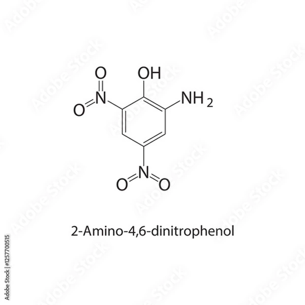 Fototapeta 2-Amino-4,6-dinitrophenol skeletal structure.Nitroaromatic compound compound schematic illustration. Simple diagram, chemical structure.