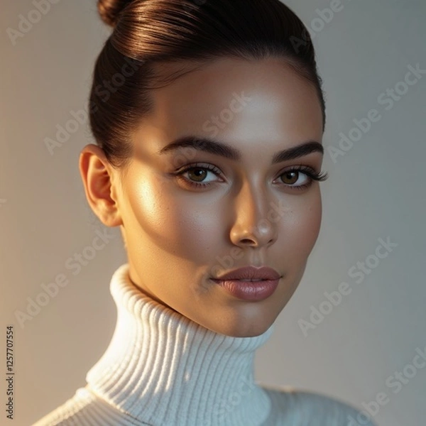 Fototapeta Woman with Glowing Skin and Elegant Turtleneck in a Softly Lit Portrait Setting