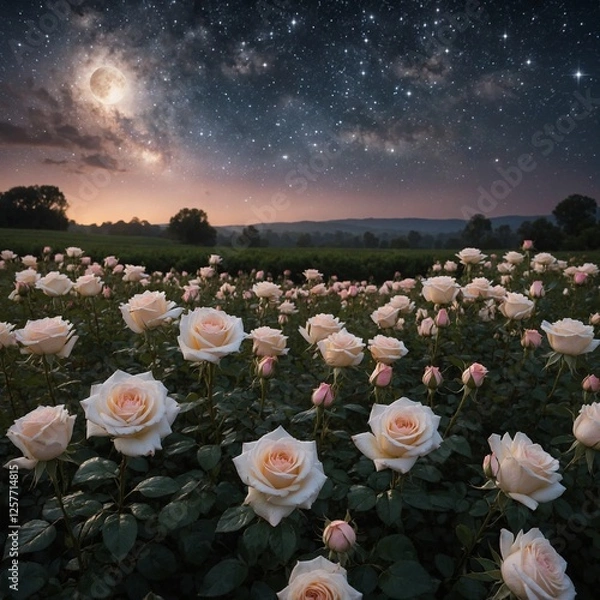 Obraz A peaceful field of roses under the soft glow of starlight, with a pure white background enhancing the beauty of the scene.