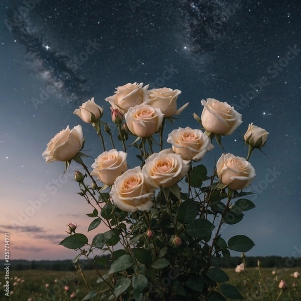 Obraz A delicate bouquet of roses in a meadow under a sky filled with stars, with a minimalistic pure white background.