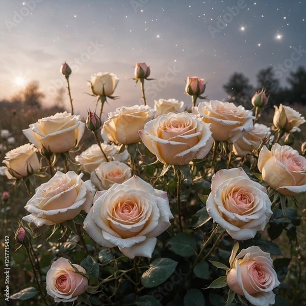 Obraz A serene and tranquil scene of roses glowing under a starry sky, surrounded by the purity of a white background.