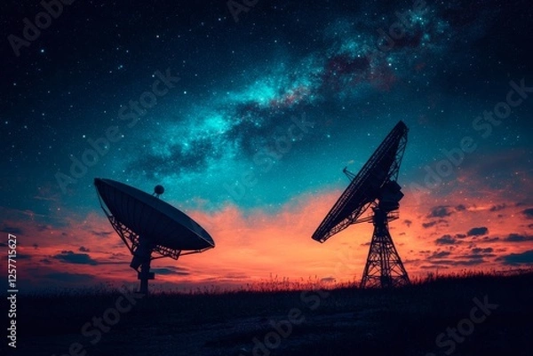 Fototapeta Large satellite dishes are employed to screen space signals as part of the search for alien life, utilizing Stock technology