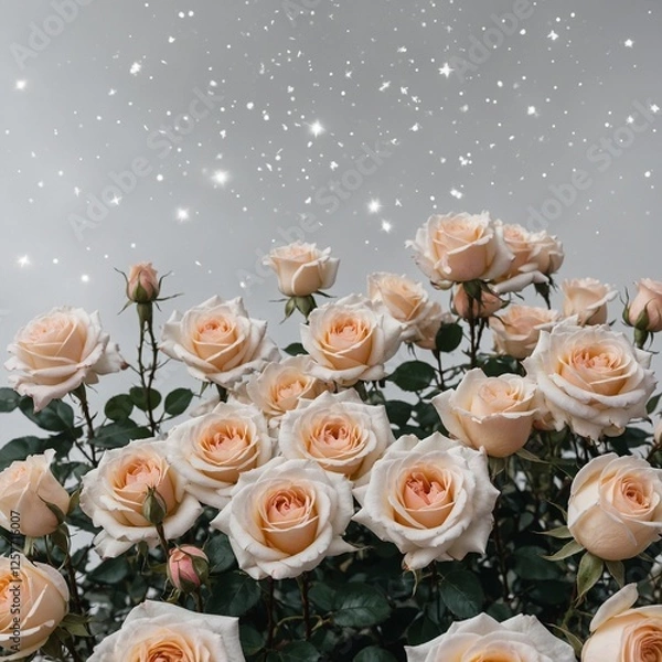 Obraz A dreamy scene of roses in full bloom surrounded by stars, with a crisp white background highlighting their delicate beauty.
