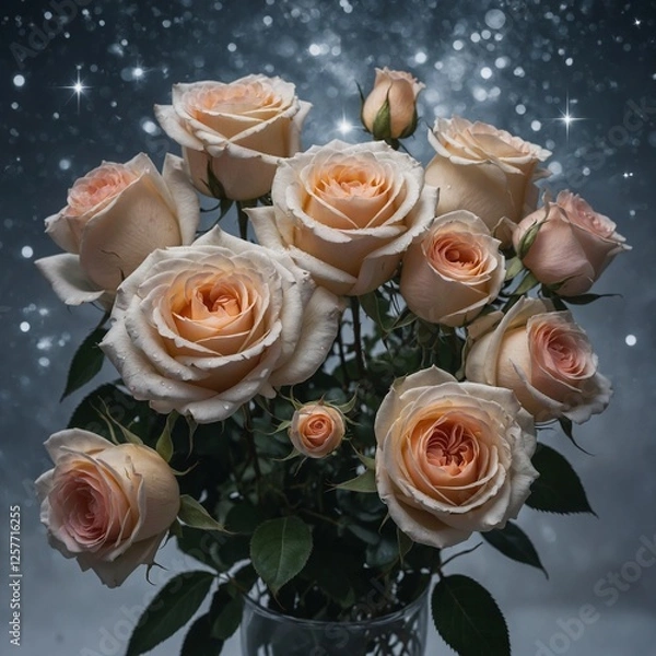 Obraz A stunning bouquet of roses gently illuminated by the glow of distant stars, with an ethereal white backdrop to enhance their beauty.