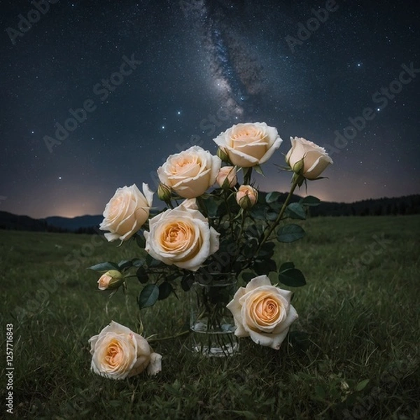 Obraz A starry night over a delicate rose bouquet placed in the middle of a meadow, with a pure white background.