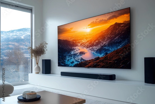 Fototapeta tv connected with sound bar in farmhouse. Home entertainment system mockup. Tech, visual, audio entertainment. Stylish interior design, 300dpi, 3d