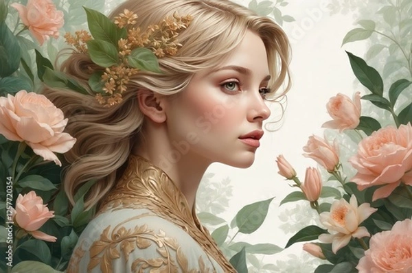 Obraz Elegant 3D illustration of a woman in side profile, surrounded by lush flowers and leaves, symbolizing growth, beauty, and empowerment for International Women’s Day, 8 March.