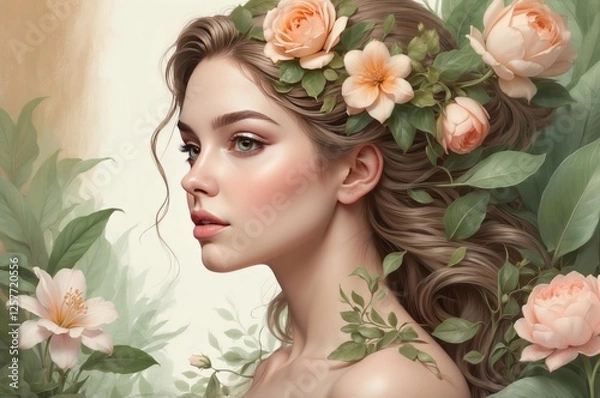 Obraz Elegant 3D illustration of a woman in side profile, surrounded by lush flowers and leaves, symbolizing growth, beauty, and empowerment for International Women’s Day, 8 March.