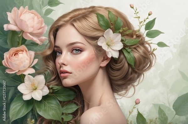 Obraz Elegant 3D illustration of a woman in side profile, surrounded by lush flowers and leaves, symbolizing growth, beauty, and empowerment for International Women’s Day, 8 March.
