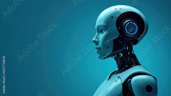Obraz the robot is facing forward and raised his hand up, smiling , household assistants, artificial intelligence, helping a person, light background, free space on the side for text