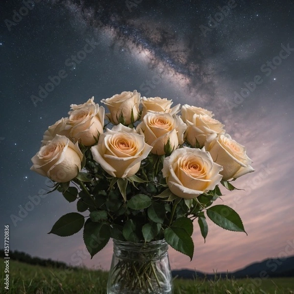 Obraz A soft, glowing rose bouquet under the light of distant stars, set against a backdrop of pure white.