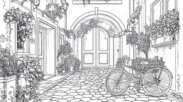 Fototapeta Cobblestone alleyway, bicycle, flowers, Italian architecture, postcard