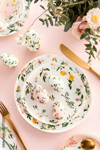 Fototapeta A top down high angle photo of a table with Easter breakfast table setting, pink, green, and yellow pastel colors, painted Easter eggs, floral plates and gold cutlery.