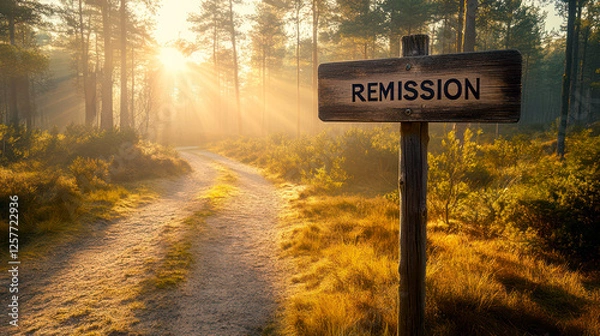 Fototapeta Pathway in beautiful summer forest, rustic wooden sign with word Remission